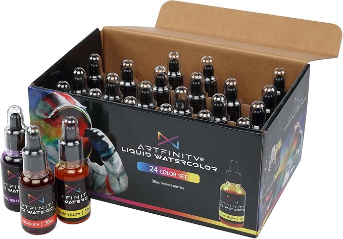 Liquid Watercolor Paint 30 ml Bottles, Set of 24 Colors - Vibrant Dye-Based Liquid Watercolor w/Glass Pipette, Fast-Drying, Fine Art Paint for Calligraphy, Airbrushing & Traditional Art