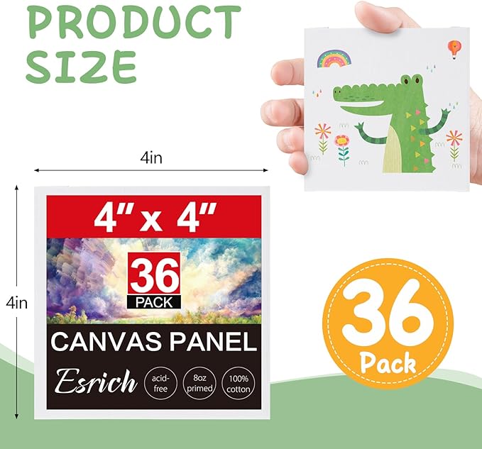 ESRICH Mini Canvases for Painting, 4x4In Canvas in Bulk 36 Pack Small Canvas Panels Cotton Paint Canvas Primed Acid Free Blank Canvas Boards for Oil, Watercolor, Acrylic, Gouache & Tempera