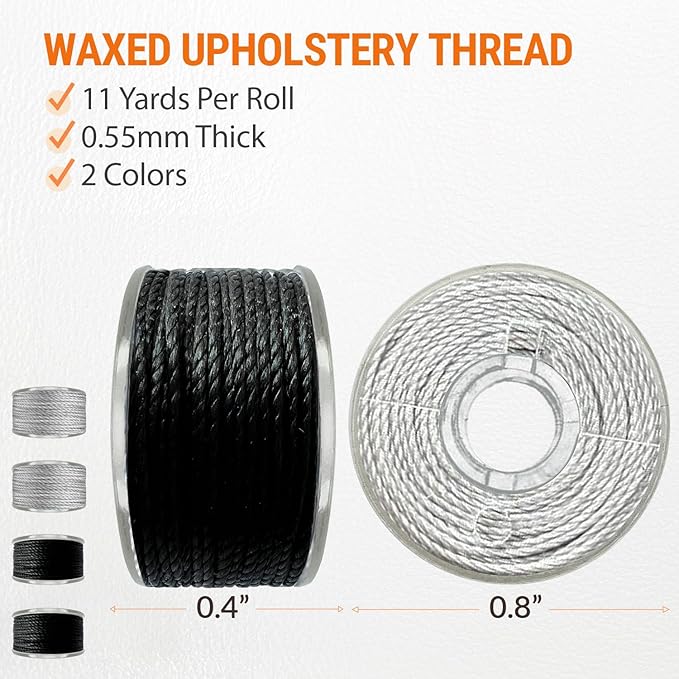 VONEEDL Heavy Duty Sewing Needles (11 PCS) & Waxed Thread (2 Black and 2 Grey Colors) - Upholstery Repair Kit for Leather, Canvas, Quilting & More