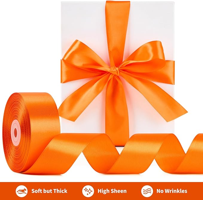 1-1/2 Inch Wide Torrid Orange Satin Ribbon, 50 Yards Solid Polyester Fabric Ribbon for Roses Making, Gift Wrapping, Valentine's Day, Wedding Decorations, Crafts, Bows, Flower Bouquets