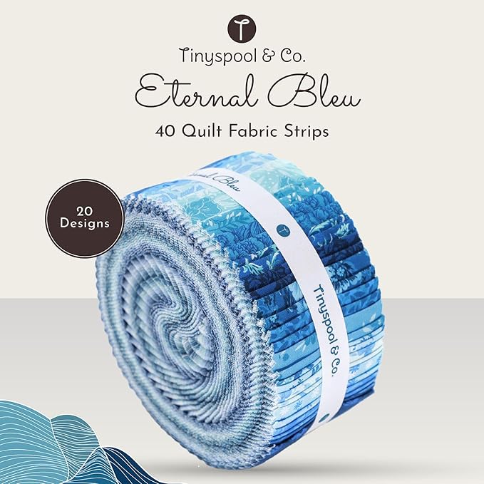 Tinyspool & Co. Jelly Roll Fabric Strips for Quilting, Crafting, and Sewing, 40 Strip Assorted Bundle, Soft Cotton for Blanket, Rug, Upholstery, Home Decor, and Purse Making, Eternal Bleu