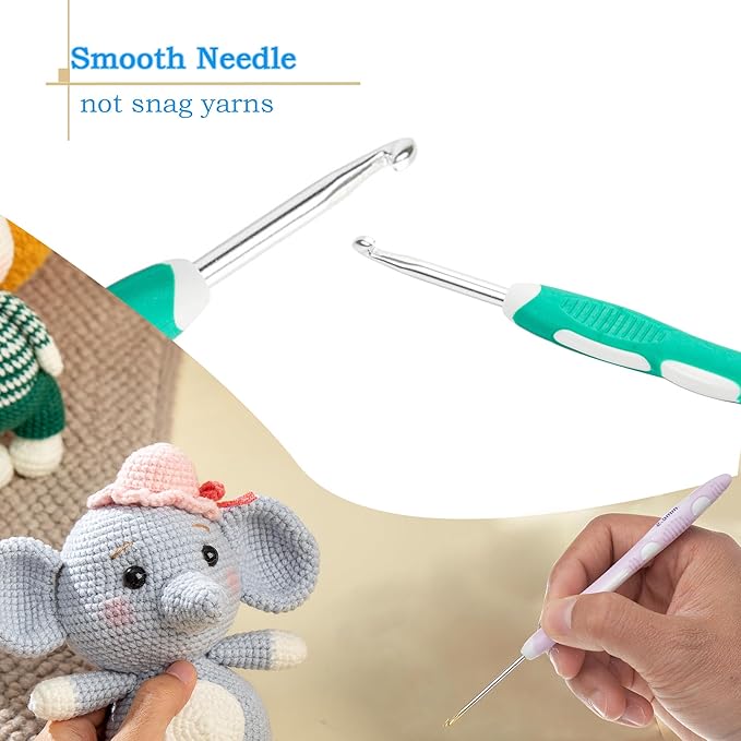 Ryhiac 9 PCS Longer Ergonomic Crochet Hooks Set USA Standard Size B to J 2.0mm-6.0mm Soft Grip Handles Smooth Crochet Needles Knitting Needles for Arthritic Hands,Beginners(Set C)