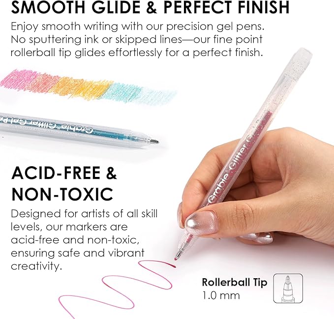 Grabie 42 Capped Glitter Gel Pen Set, 18 Iridescent&24 Essential Color Pens, Smooth Rollerball Tip, Metallic Sparkly Gel Pens for Coloring, Set of 42 Gel Pens Colored