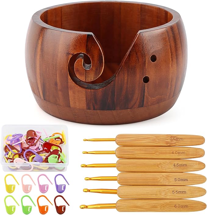Yarn Bowl Holder, Wooden Knitting Bowl with 6pcs Crochet Hooks, 50pcs Crochet Stitch Markers, Large Yarn Holder Dispenser for Mom & Knitting Lovers