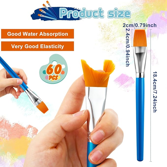 Honoson Paint Brushes for Acrylic Painting, Big Paint Brushes Bulk with Wooden Handle for Acrylic, Watercolor, Oil, Crafts, Face Body Art, 4 Color(60 Pcs)