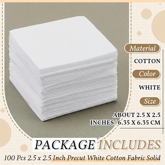 Peryiter 100 Pcs 2.5 x 2.5 Inches Cotton Fabric Squares Precut Quilting Fabric Bundles Mini White Cotton Fabrics Squares for DIY Beginners Sewing Craft for Patchwork Sewing Scrapbooking Quilting
