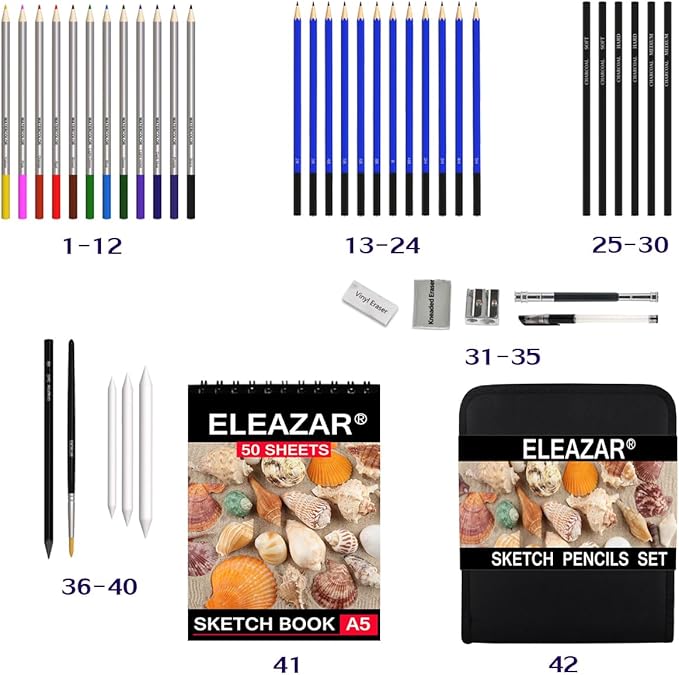 ELEAZAR SKETCHING PENCIL SET: colorful water-soluble pencils, sketching pencils, sketchbook, portable zippered drawing tool set The perfect drawing set for kids, teens and adults (42-Piece)