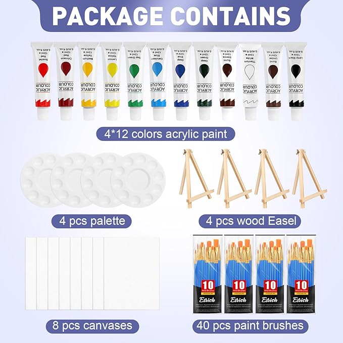 ESRICH 104PCS Acrylic Paint Canvas Set, Acrylic Painting Kit with 4 Set of 12 Colors Acrylics Paint,Paint Brushes,Canvas, Wooden Easels, Art Plates, Art Painting Supplies for Kids Adults Beginners