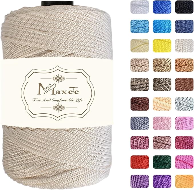Maxee Premium Polyester Macrame Cord 3 mm × 218 yd,3mm 100% Polypropylene Macrame Cord,Ideal for Crochet, Wall Hangers, Bags, Rugs & DIY Crafts（Beige）