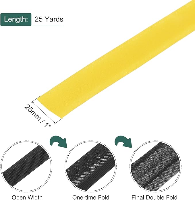 MECCANIXITY 1 Inch Double Fold Bias Tape Polyester Continuous Bulk Bias Tape for Sewing,Seaming Quilting Hemming Binding Crafts (Yellow 25 Yards)