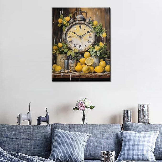 Farmhouse Kitchen Clock with Lemons Oil Painting Paint by Number Kits 16 x 20 inch Canvas Rustic Painting DIY Painting for Kids Students Adults Beginner with Brushes Acrylic Pigment(without Frame)