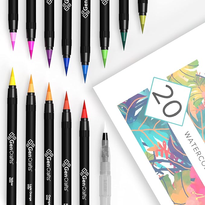 GenCrafts Watercolor Brush Pens - Real Brush Tips - No Mess Storage Case - Washable Nontoxic Markers - Portable Painting