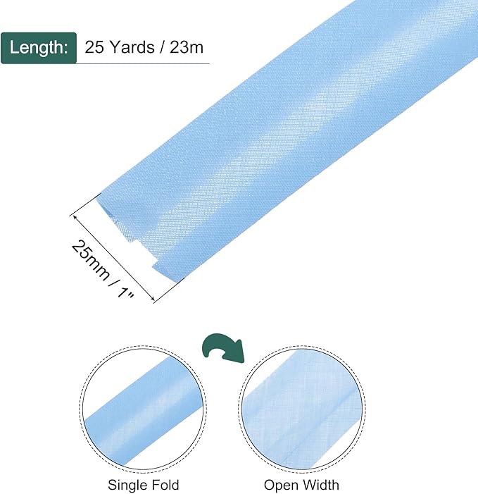 MECCANIXITY 1 Inch Single Fold Bias Tape Polyester Continuous Bulk Bias Tape for Sewing,Seaming Quilting Hemming Binding Crafts (Light Blue 25 Yards)