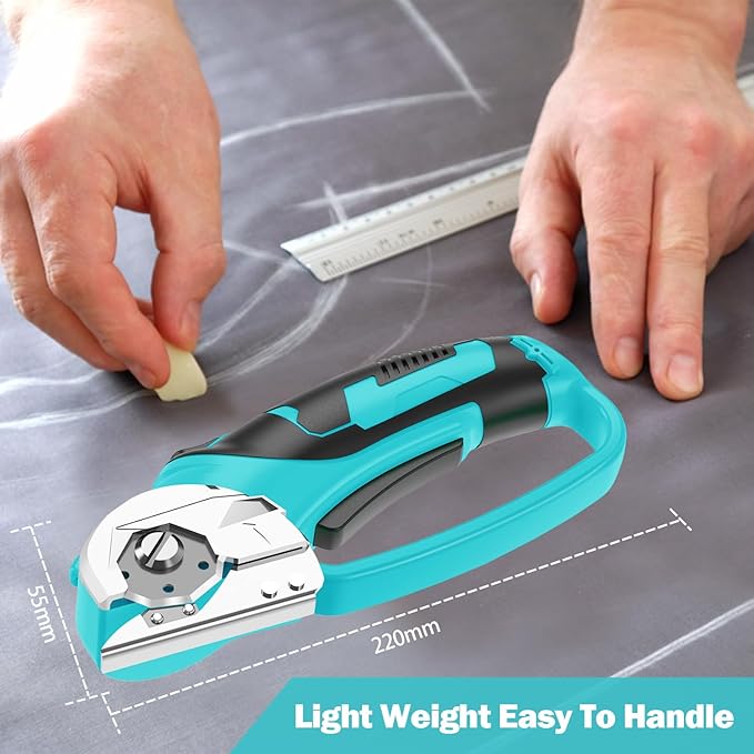 Cordless Electric Scissors, 4V Box Cutter & Cardboard Cutter with 2 Titanium Blades - Rotary Cutter with LED Light for Fabric, Leather, Carpet, Plastic, Crafting + Storage Case (Aqua Blue)