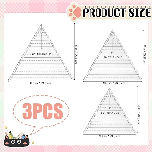 3 Pcs 60 Degree Triangle Ruler for Quilting, Clear Acrylic Quilting Templates Rulers 8 9 10 Inch Sewing Dedicated Ruler for Cutting, Measurement, DIY Craft Tools