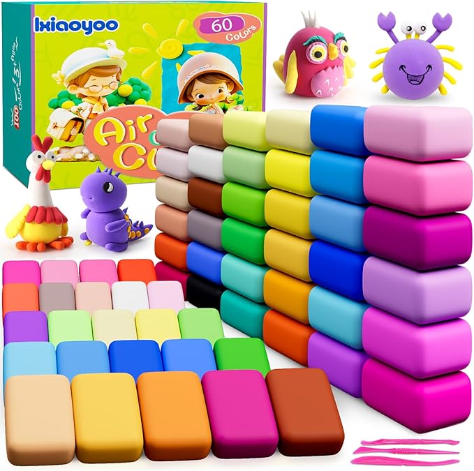 Air Dry Clay for Kids, 60 Colors Modeling Magic Clay, Safe & Non-Toxic, DIY Model Arts & Crafts Kit with Sculpting Tools, Birthday&Christmas Toy Gift for 3-12 Years Old Boys Girls Kids
