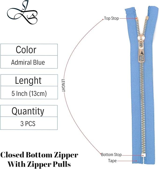 #5 Gold Metal Zipper - 50+ Colors - 3 PCS - (4-14 inches) Sizes - Luxury Lightweight Handcraft Metal Zippers with pulls for Purses Bags Pockets Shoes Sewing & Crafts DIY ZP02385