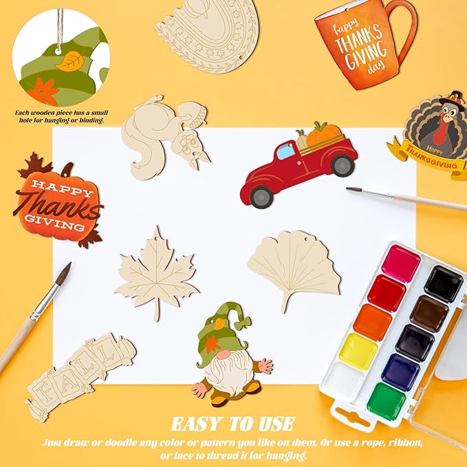 Subacy 80 PCS Unfinished Thanksgiving Wood Cutouts 10 Styles DIY Wooden Crafts, Wooden Art Tags for Painting, Thanksgiving Hanging Ornaments(Thanksgiving)