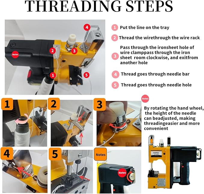 Bag Sewing Machine, 2s/bag Portable Bag Sewing Machine, Industrial Bag Closing Machine for Packing Woven Bags Non-woven Fabrics Leather (Yellow, Corded - 110V)