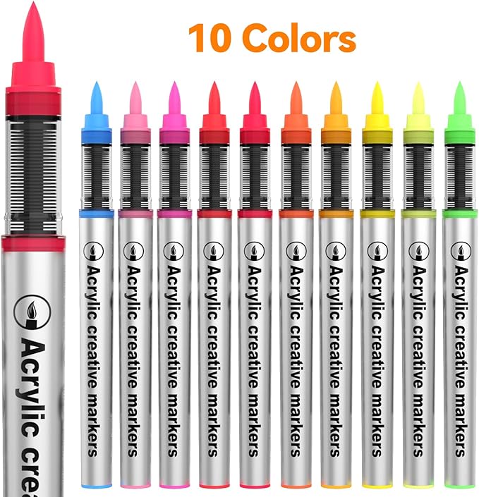 10 Color Acrylic Paint Markers Brush Tip, Waterproof, No-Bleed Ink with Automatic Ink Control, Premium Paint Pens for Rock, Wood, Canvas, Glass, Fabric for Professional and Adult Artists