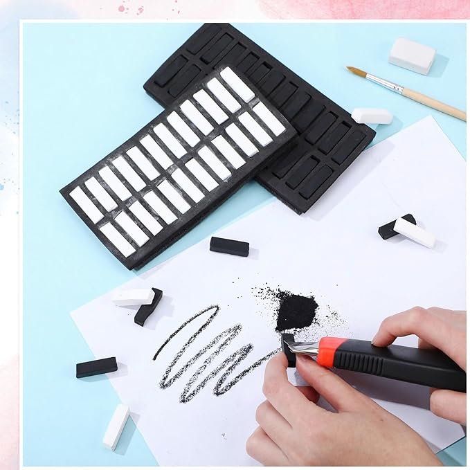 48 Pcs Soft Chalk Pastels Set Soft Pastel for Artists Square Sketch Chalk Non-toxic Artist Pastel Sticks for Professional Artists Students and Art Lovers(White,Black,30×8×8mm)