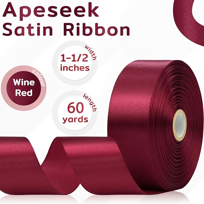 60 Yards Wine Red Satin Ribbon 1-1/2 Inch, Solid Burgundy Polyester Fabric Ribbon for Gift Wrapping, Crafts, Flower Bouquet, Wedding, Festival, Christmas, Halloween