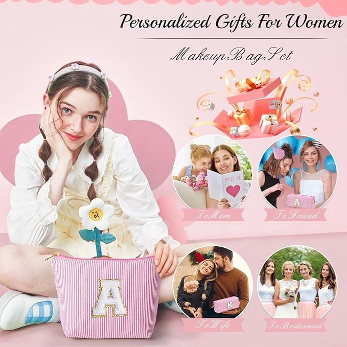 YOOLIFE Birthday Gifts for 3 4 5 6 7 8 9 10 11 12 13 Year Old Girls - Personalized Pink Initial Birthday Gifts for Women Kids Makeup Bag for Girls Daughter Sister Teacher Friend Girlfriend M