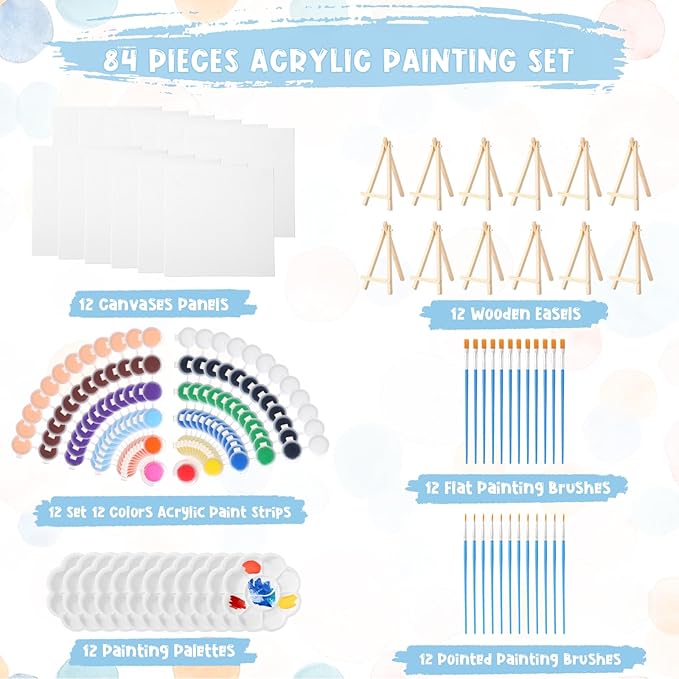 Qilery 12 Set Acrylic Paint Kit Mini Stretched Canvas with Easel, Acrylic Paints Strips, Brushes, Palette, Art Set for Kids Adults Classroom Birthday Party Favors(6 x 6 Inch)