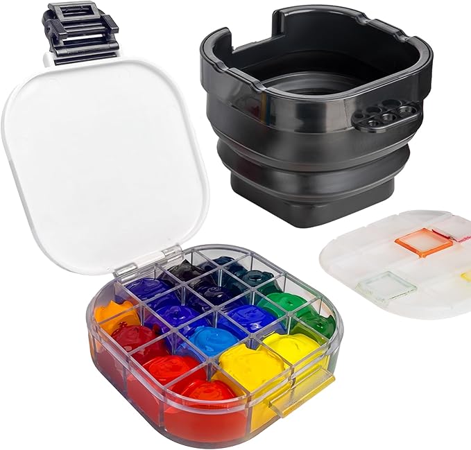 Falling in Art Paint Palette, Airtight 16 Wells Storage Palette Box with Lid and Folding Paint Brush Basin for Watercolor, Gouache and Acrylic Painting (Black)