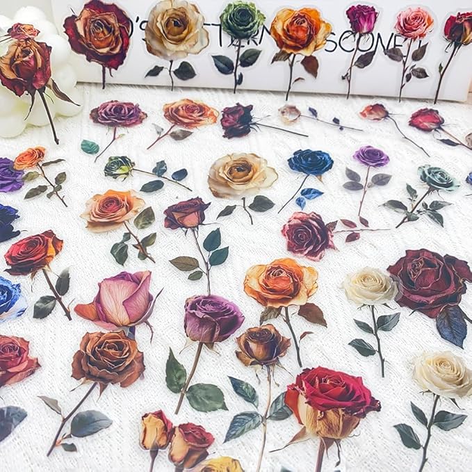 50PCS Vintage Dried Rose Stickers – Clear Waterproof Flower Botanical Scrapbook Stickers for Journaling, Crafting, Aesthetic Floral Decals for Laptops, Notebooks, Cards, Gifts