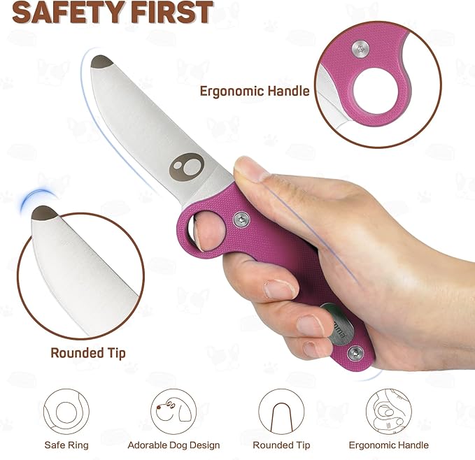 Kids Knife Boy Scout Knife with Educational Ring & Sheath & Rounded Tip - Whittling Knife Pink G10 Handle for Boys/Girls First Сamping Cutting