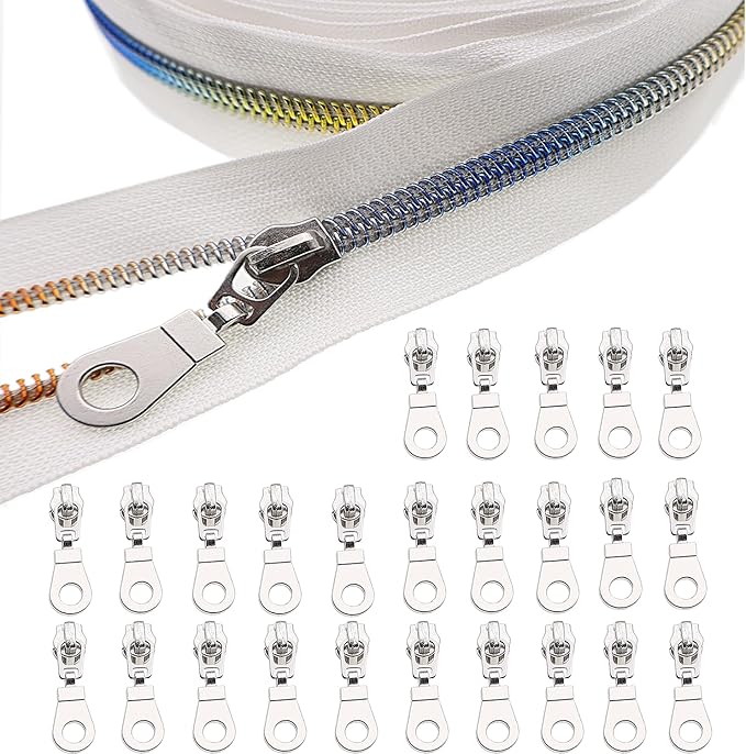#5 Colorful Metallic Nylon Coil Zippers by The Yard, Bulk White Zipper Tape 10 Yards with 25Pcs Pulls for DIY, Sewing, Craft, Bags YIGUANXIN