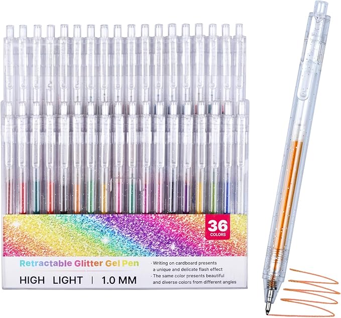 36 Colors Retractable Glitter Gel Pens for Art Supplies, Vibrant Sparkle Metallic Ink with Shimmer Effect, Refillable Fine Point Set for Coloring Books, Drawing, Journaling, Note Taking