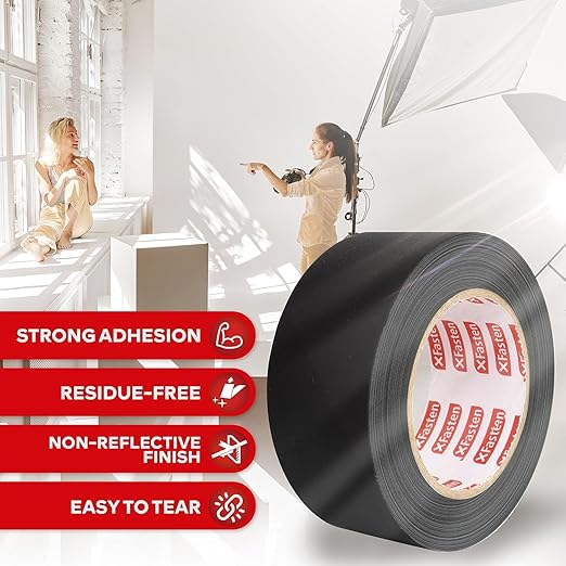 XFasten Black Gaffers Tape 2 Inch x 30 Yards Bulk - 8-Pack (720ft), Residue-Free Matte Black Gaffer Tape 2 Inch Non-Reflective Easy-to-Tear Floor Tape for Electrical Cords
