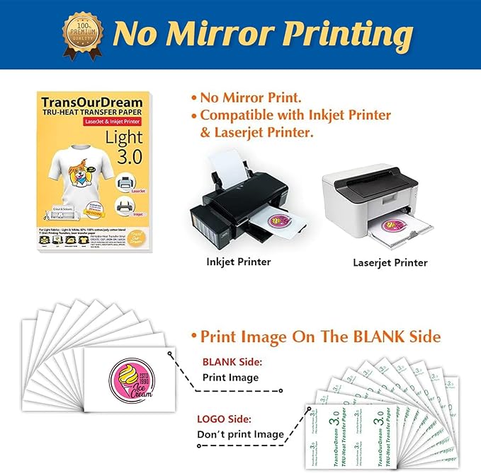 TransOurDream Tru-Heat Transfer Paper for Inkjet & Laserjet Printer (500 Sheets 8.5x11, 3.0) Printable HTV Heat Transfer Vinyl for T Shirts Iron on Transfers for Light Fabrics