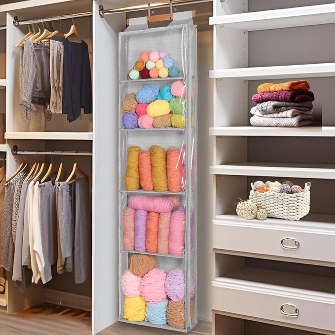 Hanging Yarn Storage with 5 Large Pockets, Clear Knitting Organizer Storage with Zippers for Crochet Lovers, Hanging Yarn Holder with Over-Door Hooks for Knitting Needles Crochet Hooks, Grey