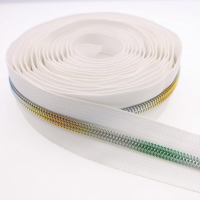 #5 Colorful Metallic Nylon Coil Zippers by The Yard, Bulk White Zipper Tape 10 Yards with 25Pcs Pulls for DIY, Sewing, Craft, Bags YIGUANXIN