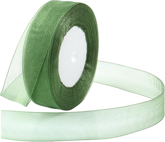 Sage Green Ribbon for Gift Wrapping 1 inch Sheer Organza Ribbon for Flower Bouquet Tulle Thin Chiffon Ribbons for Wedding Invitations Presents Decorations Crafts 50 Yards