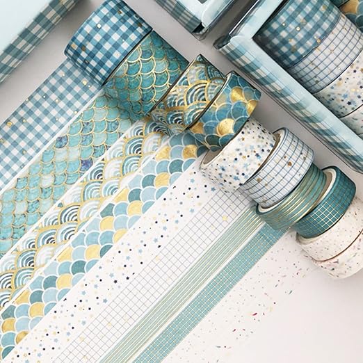 YUBX Creative Washi Tape Set 10 Rolls Gold Foil Print Decorative Masking Tapes for Arts, DIY Crafts, Journals, Planners, Scrapbook, Wrapping (Blue Melody)