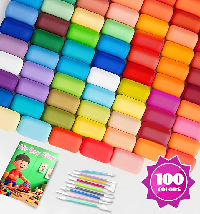 Air Dry Clay 100 Colors Foam Clay Non-Sticky Soft Air Dry Foam Clay, Moldable Super Light Clay with Sculpting Tools, Guide, Perfect for Arts, Crafts