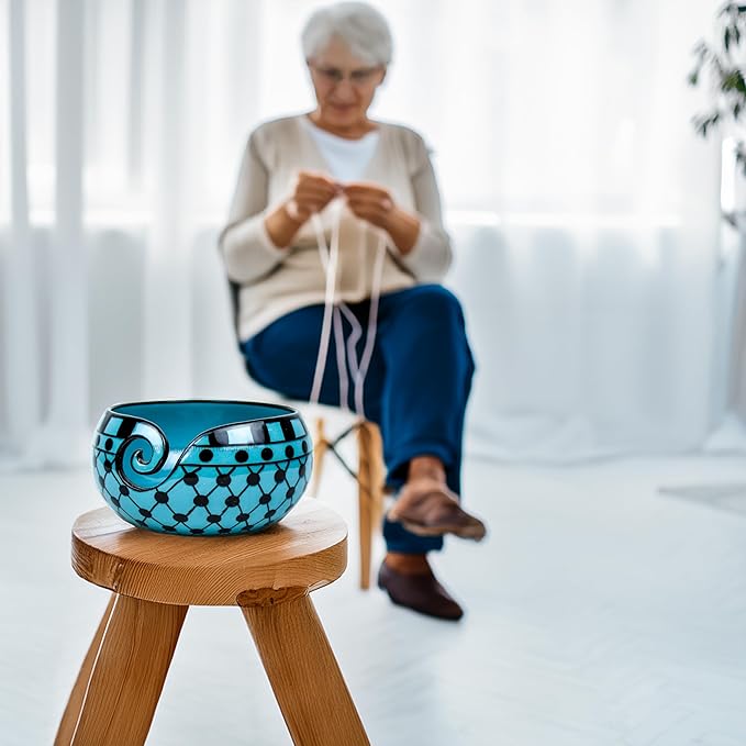Nagina International Ceramic Attractively Hand Painted Gorgeous Stoneware Yarn Ball Storage Bowl With Innovative Dispensing Curl | Knitting & Crochet Accessions (Medium, Dawn Blue)