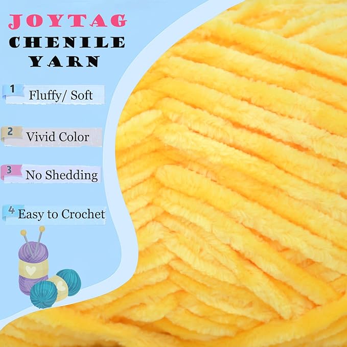 Velvet Chenille Yarn for Crocheting & Knitting - Soft, Fluffy, Thick Bulky Chunky Yellow Velvet Yarn - 3 * 100g