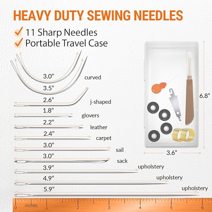 VONEEDL Heavy Duty Sewing Needles (11 PCS) & Waxed Thread (Black Color - 4 Rolls) - Upholstery Repair Kit for Leather, Canvas, Quilting & More