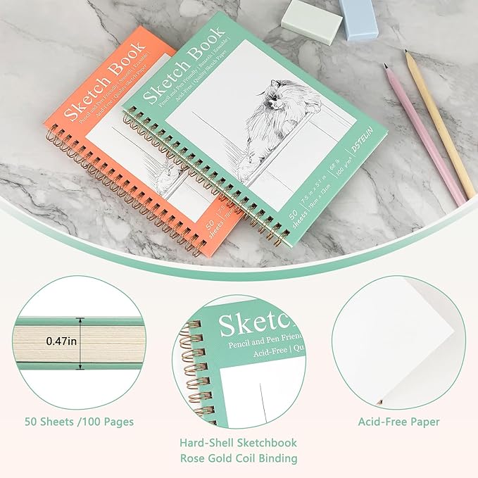 DSTELIN 7.5 x 5.1 Inch Mini Hardcover Sketchbook Set, 2-PC, Spiral Bound, 50 Acid-Free Drawing Sheets Each, Pink & Green Covers, Ideal for Beginners to Professionals