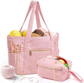 Bulyoou 2 Pcs Crochet Bag and Tote Set Corduroy Yarn Bag for Hooks Organizer Yarn Holder for Crochet Lovers Knitting Accessories(Pink)