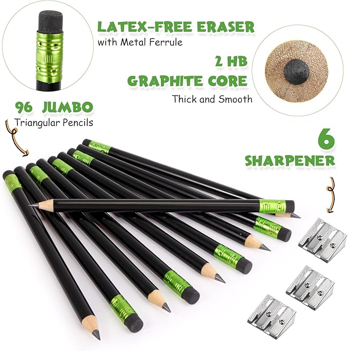 Fainne 102 Pcs Bulk Thick Jumbo Graphite Pencils Set 96 Fat Giant Large Pencils and 6 Sharpeners Enhanced Grip for Art Drafting Writing Drawing Office and Home Use(Black,Round)