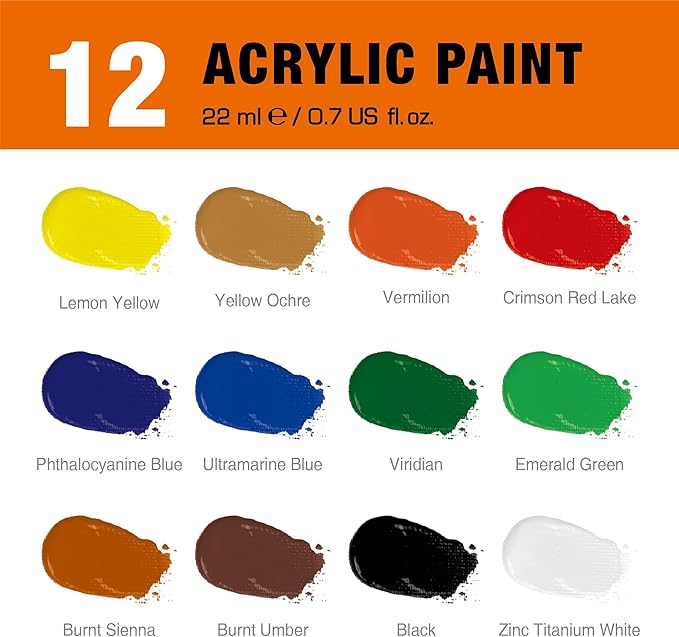 All-in-One Acrylic Painting Kit,12x22ml Rich Pigment Acrylic Paints,5 Different Shapes Brushes 2 Canvas Boards Palette Knife,Giftable Art Painting Set for Beginners Adults Artists