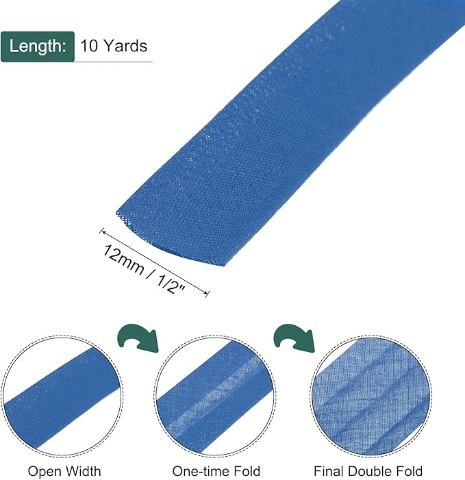 MECCANIXITY 1/2 Inch Double Fold Bias Tape Polyester Continuous Bulk Bias Tape for Sewing,Seaming Quilting Hemming Binding Crafts (Dark Blue 10 Yards)