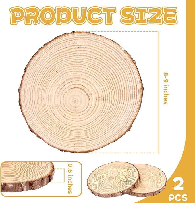 FSWCCK 2 Pack Nature Unfinished Round Wood Slices, 8-9 Inches Wooden Circle, Large Wood Slabs for Weddings Centerpieces Decor and DIY Painting Crafts (8"-9")