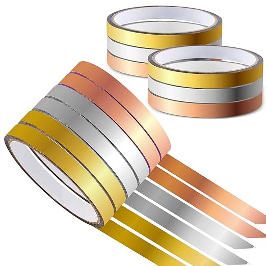 HFKPJRT 6 Rolls Gold Washi Tape, Metallic Mirror Tape, 396Ft DIY Graphic Tape Self-Adhesive Metalized Tape Gold Tape for Decorating Wall, Bathroom, Crafts and Gifts Wrapping (Gold,Silver,Rose Gold)